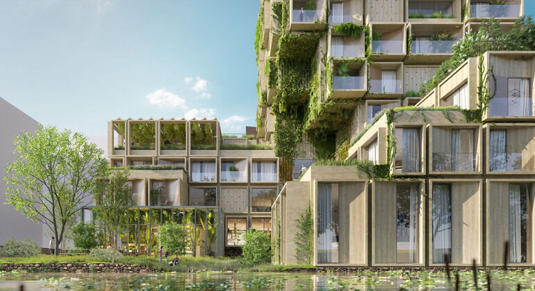 Naturnaher Wohnkomplex »ZOË Amsterdam« mit Wasserflächen und Grünfassaden