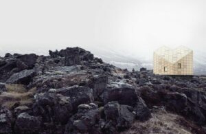 Autarke Schutzhütte auf dunklem Felsgestein in Island