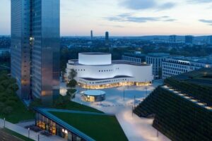 Schauspielhaus Düsseldorf mit einer vorgehängten hinterlüfteten Fassade aus gewelltem und farbbeschichtetem Aluminiumblech 