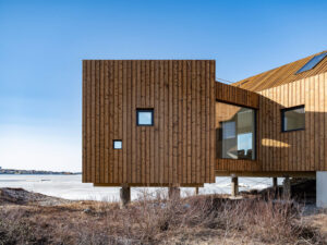 Einfamilienhaus auf Stelzen mit Holzfassade 