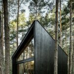 Ferienhaus im Kiefernwald mit schwarzer Holzfassade