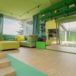 Wohnraum mit grünem und gelbem Interieur