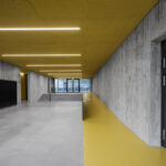 Sichtbetonwände mit Brettschalung und gelbe Akzente an Boden und Decke in einer Turnhalle in Stuttgart