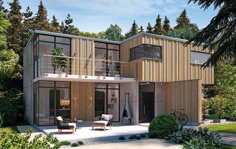 Zweigeschossiges Haus mit Beton-/Holzfassade. Bild: MocoPinus