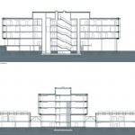 Schnitte Hauptgebäude: Durch eine dezente Auskragung setzen sich die drei Obergeschosse von jenem als Sockelbereich ausgebildeten Erdgeschoss ab. Zeichnung: ATP