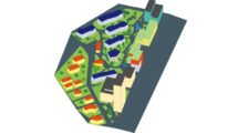 Quartier (in Anlehnung an die Suurstoffi, Rotkreuz) mit Gebäuden, Straßen, Wegen, Grün- und Wasserflächen sowie Bäumen als 3DModell.