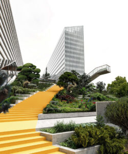 Gelbe Außentreppe zwischen üppiger Vegetation im rojekt Cloud 11 in Bangkok von Snøhetta