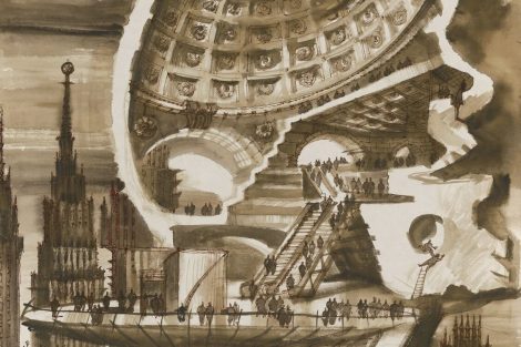 Schnittzeichnung einer Aussichtsplattform in Form eines menschlichen Schädels, die Schädeldecke ist in der Mitte mit einer Öffnung versehen und erinnert auch sonst durch ihre Kassettendecke an das Pantheon in Rom. Die einzelnen Räume und Plattformen sind durch verwinkelte Treppen miteinander verbunden. Zeichnung: Sergei Tchoban