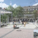 Entwurf für ein besseres Mikroklima: Begrünte Pergola mit Wasserflächen, Wasserspielen und großen Bäumen auf dem Münzplatz in Koblenz