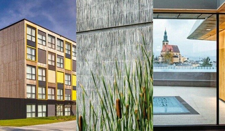 Sozialer Wohnungsbau, Sichtbetonfassade mit Schilfstruktur, Kur- und Badehaus in Salzburg