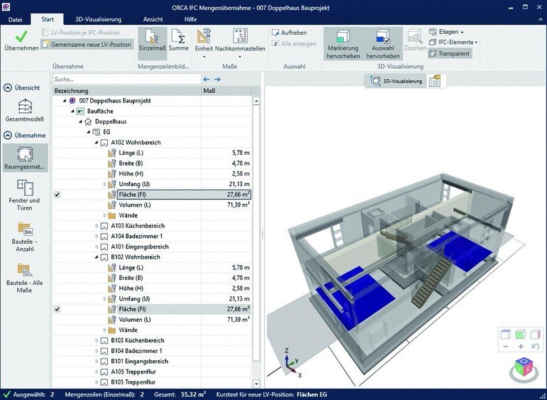 AVA und Baukostenmanagement mit 3D-Visualisierung. Bild: ORCA Software