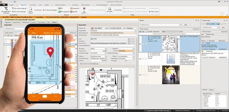 Mobile Baudokumentation: pro-Report ist eine praxiserprobte Lösung,um die Dokumentation von Bauprojekten vor Ort und im Büro „im Handumdrehen“ zu erledigen. Bild: Gripsware